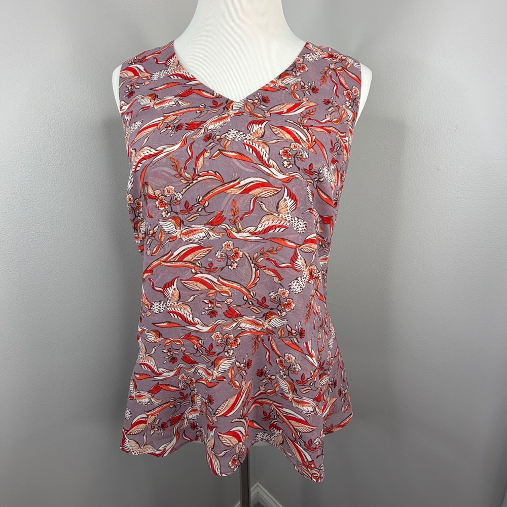Cabi 3611 Crane Bird Floral Print V-Neck Sleeveless Top Purple Orange Womens S